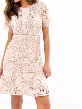 French Connection Guipure Lace cocktail dress light pastel pink beaded sequin XS